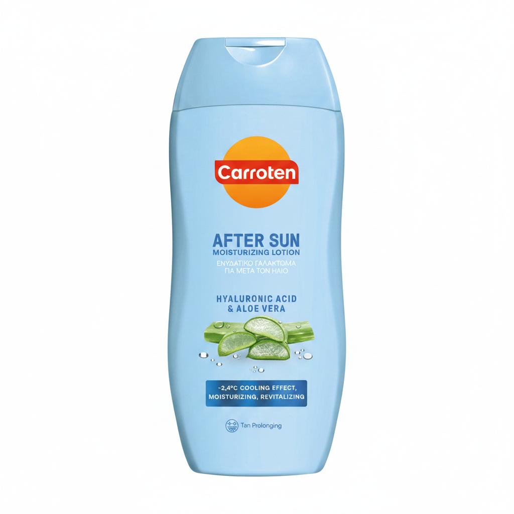 Carroten after sun moisturizing lotion bottle with aloe vera and hyaluronic acid on a blue background