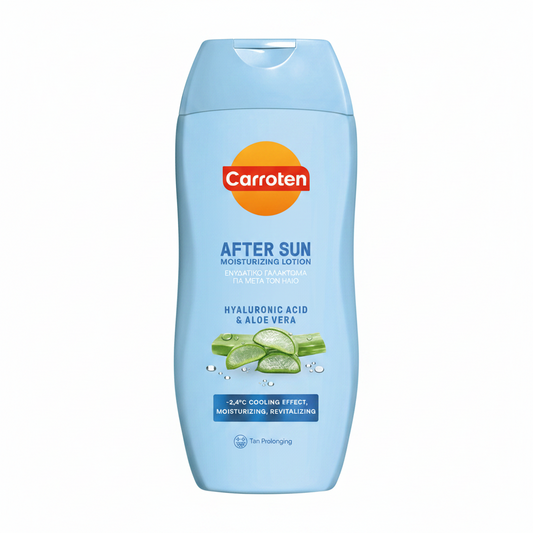 Carroten after sun moisturizing lotion bottle with aloe vera and hyaluronic acid on a blue background