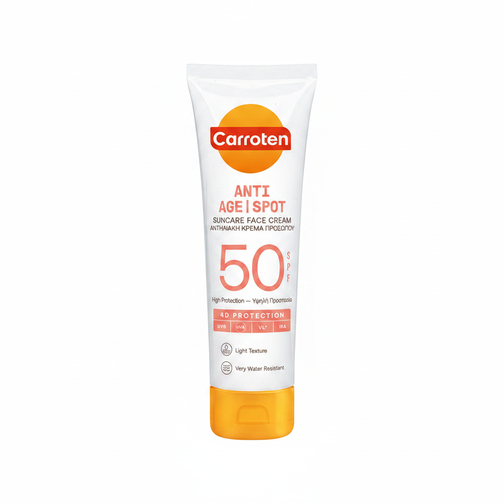 Carroten Anti Age Spot sunscreen cream SPF 50 on a green background