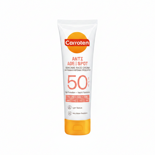 Carroten Anti Age Spot sunscreen cream SPF 50 on a green background